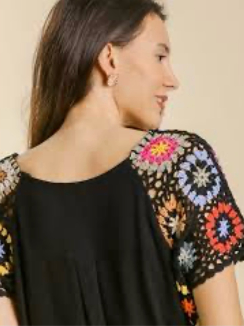 Umgee Black Top with Multicolor crochet Trim